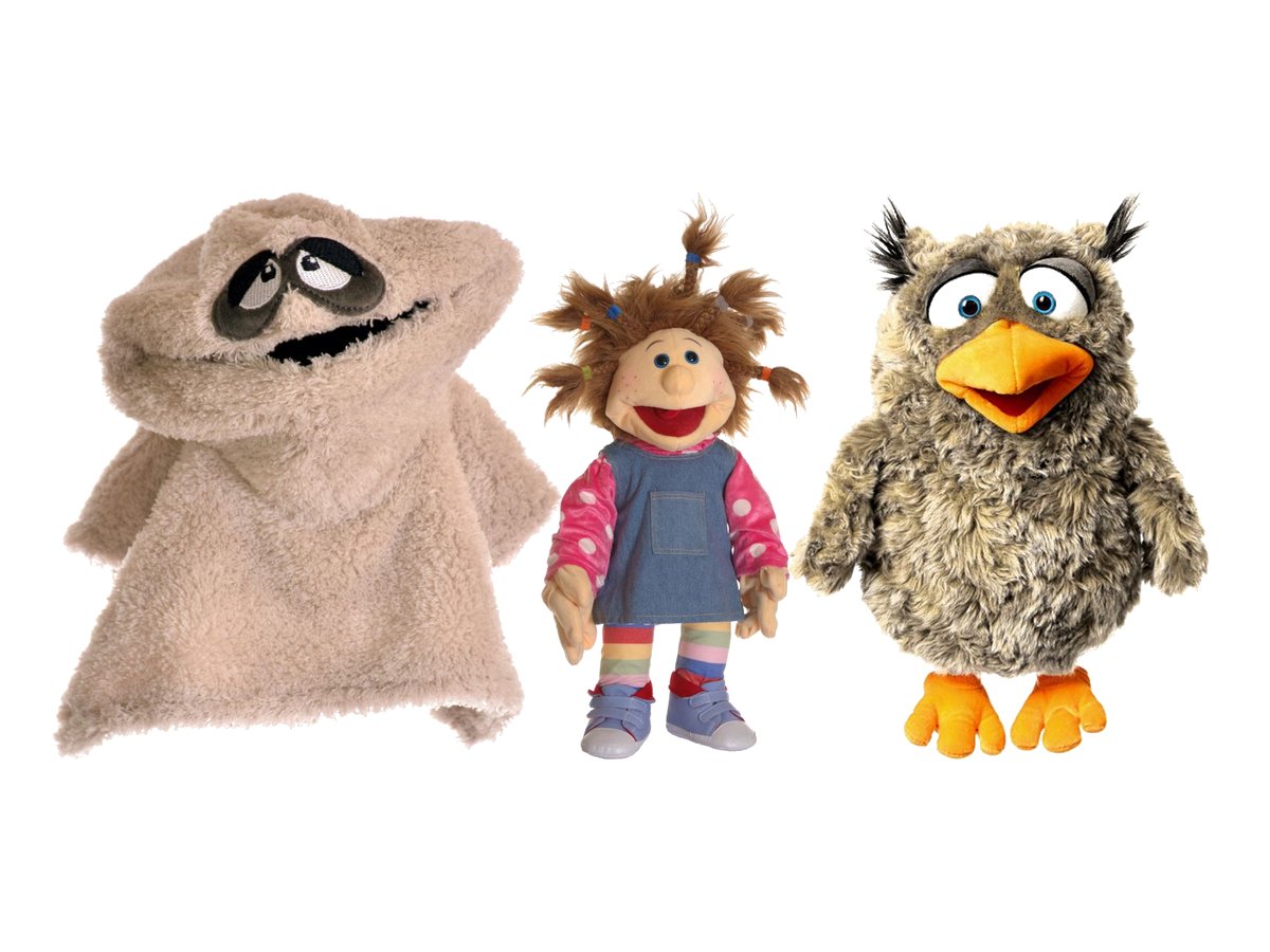 Handpuppen von Living Puppets: Jammerlappen, Ilselotte Keksberg und Eulalie, die Eule